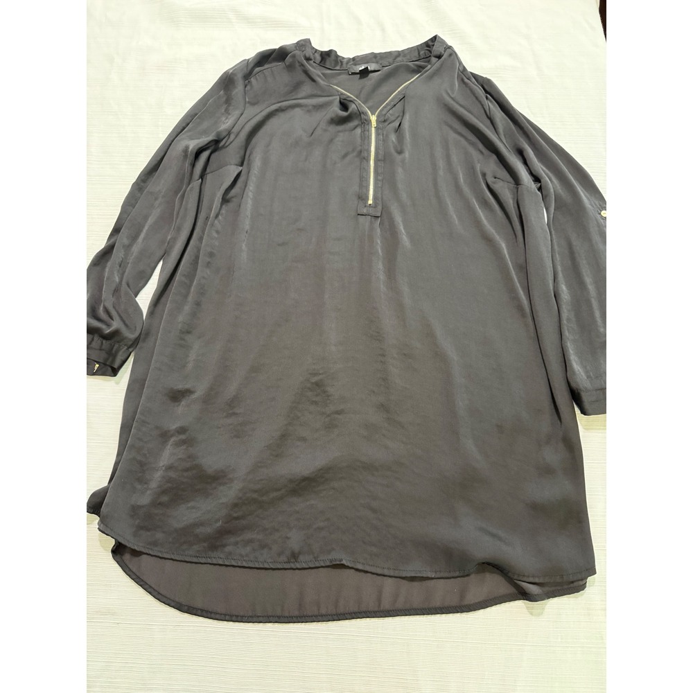 Ellos Black Satin Half Zip Tunic Top Womens 18/20 L Gold Zipper High Low Hem